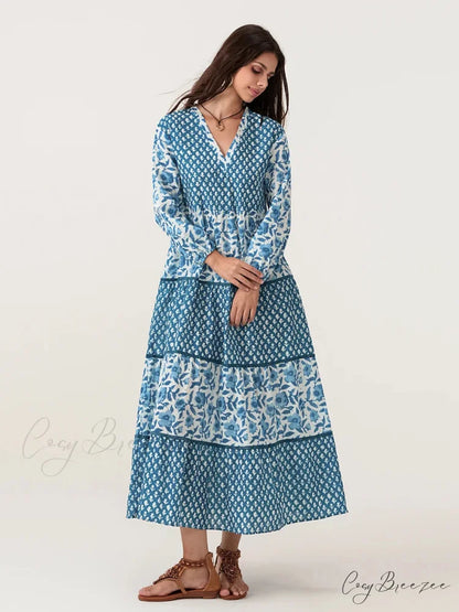 Autumn Floral Long Sleeve V-Neck Loose A-Line Dress floraldress-250126