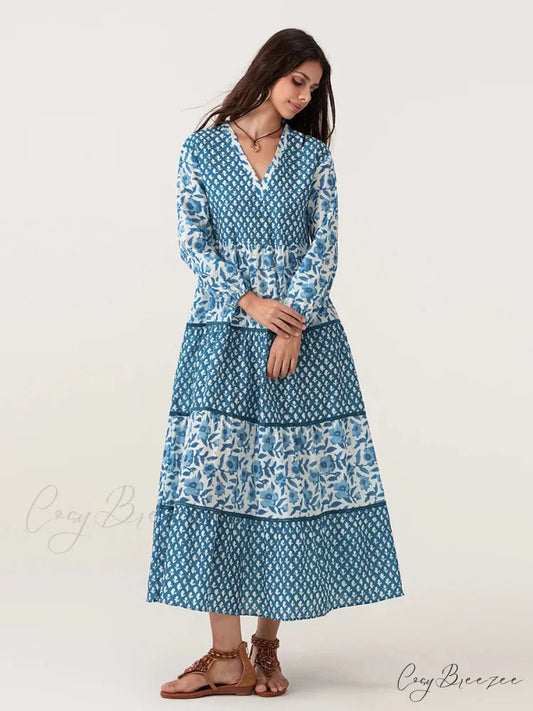 Autumn Floral Long Sleeve V-Neck Loose A-Line Dress floraldress-250126