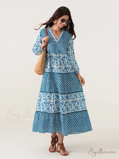 Autumn Floral Long Sleeve V-Neck Loose A-Line Dress floraldress-250126