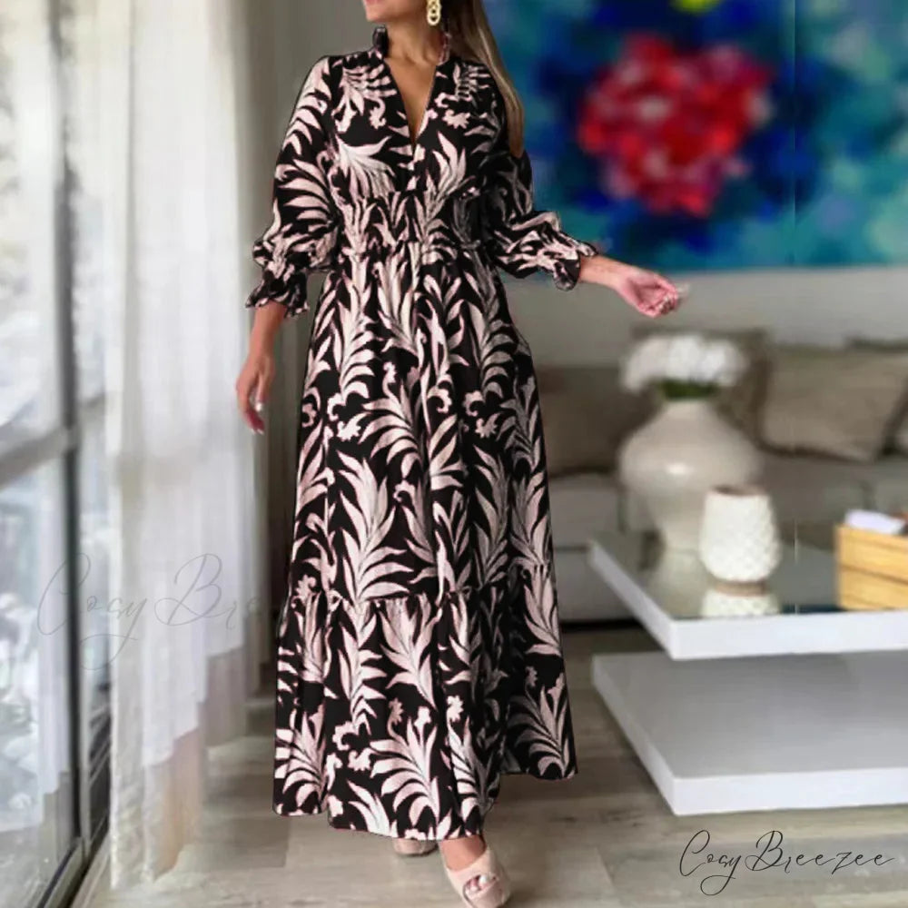 Autumn Floral Print Long Sleeve Boho Dress Black and White / S