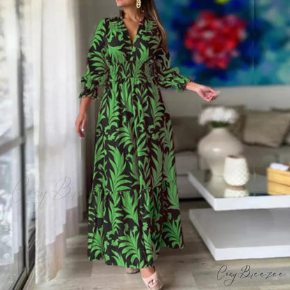 Autumn Floral Print Long Sleeve Boho Dress green and black / S