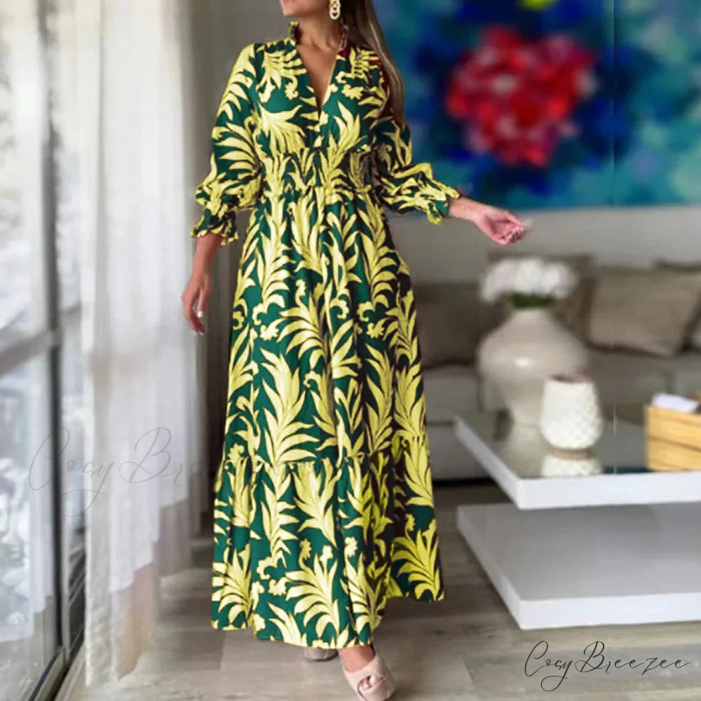 Autumn Floral Print Long Sleeve Boho Dress green and yellow / S