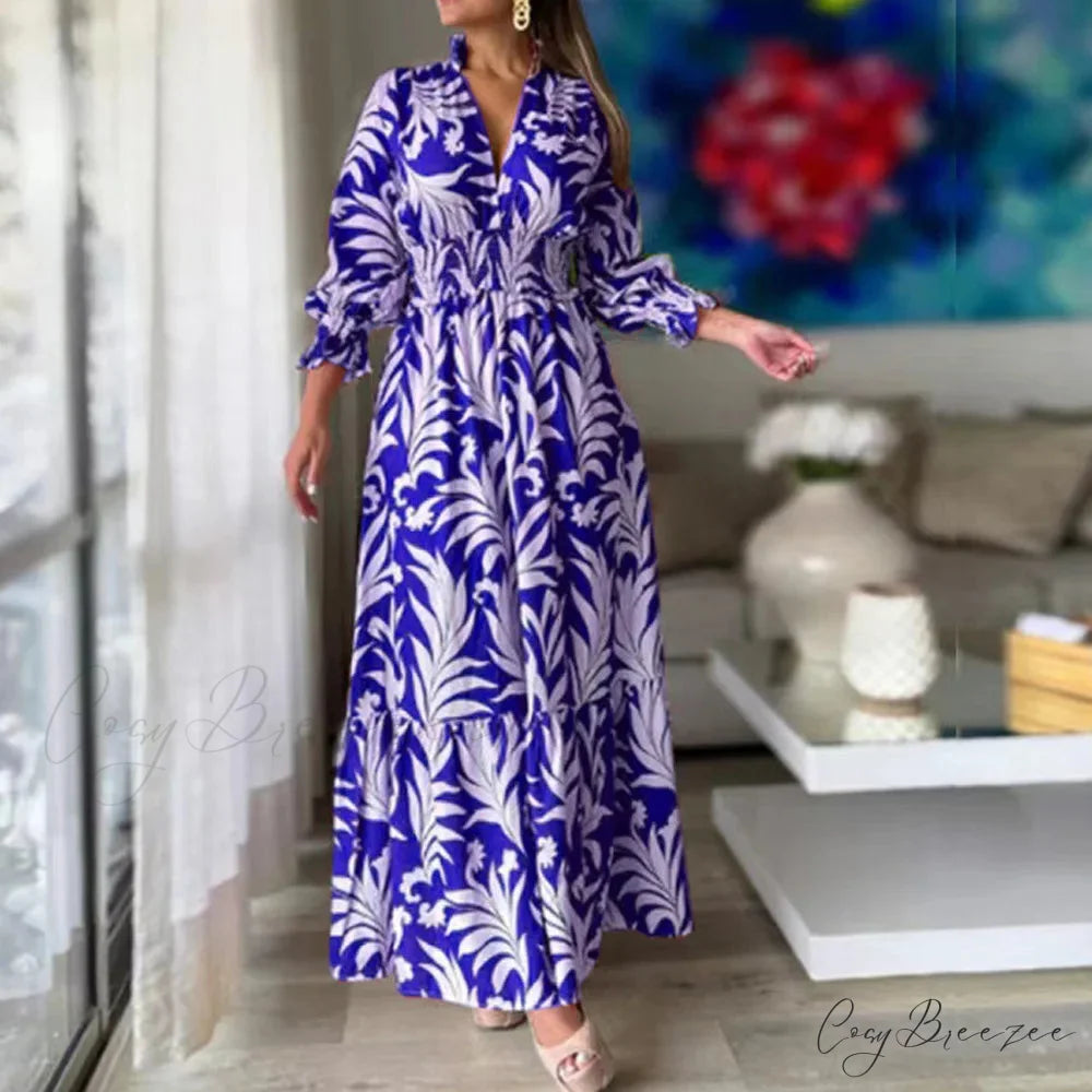Autumn Floral Print Long Sleeve Boho Dress white and blue / S