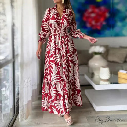 Autumn Floral Print Long Sleeve Boho Dress White and red / S