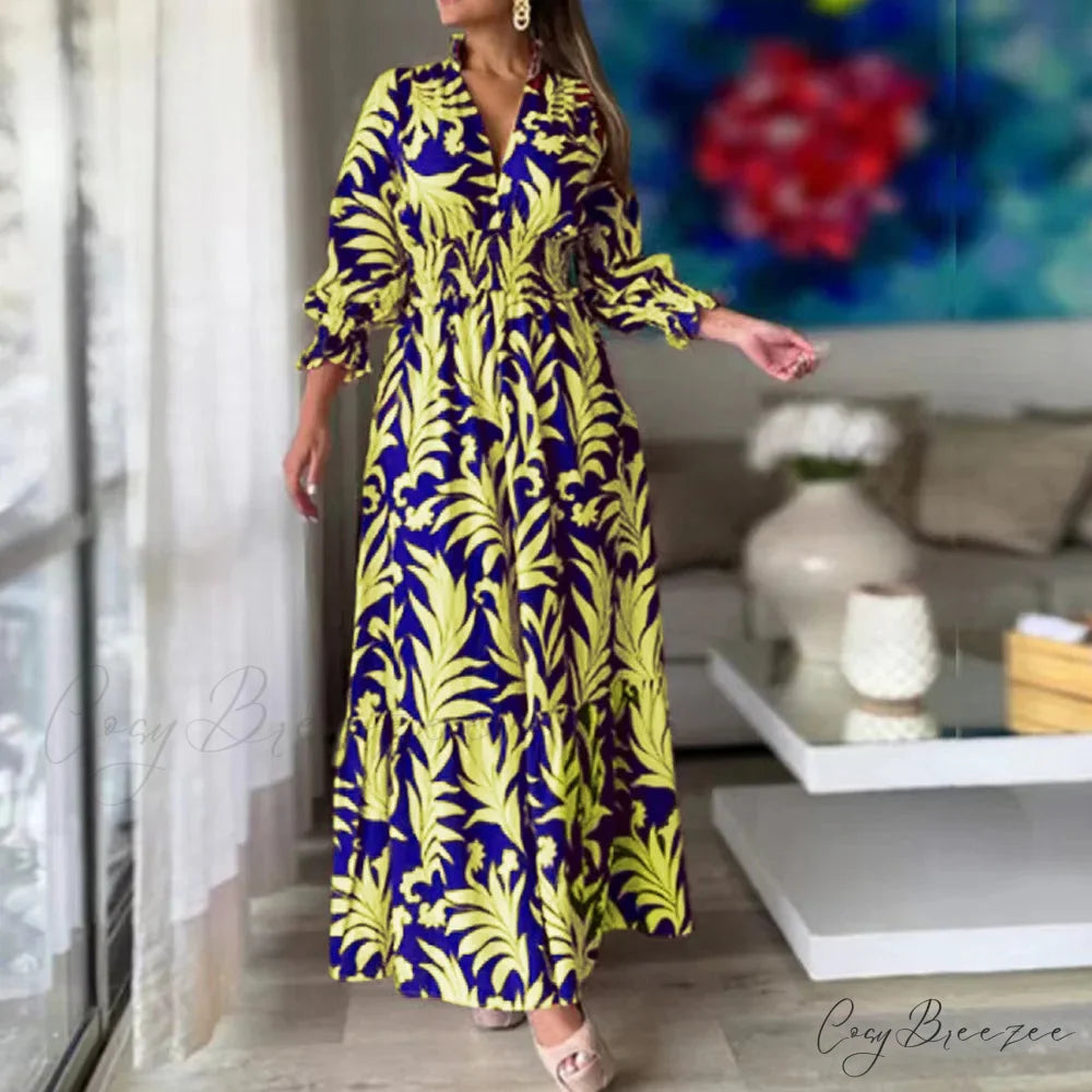 Autumn Floral Print Long Sleeve Boho Dress yellow and blue / S