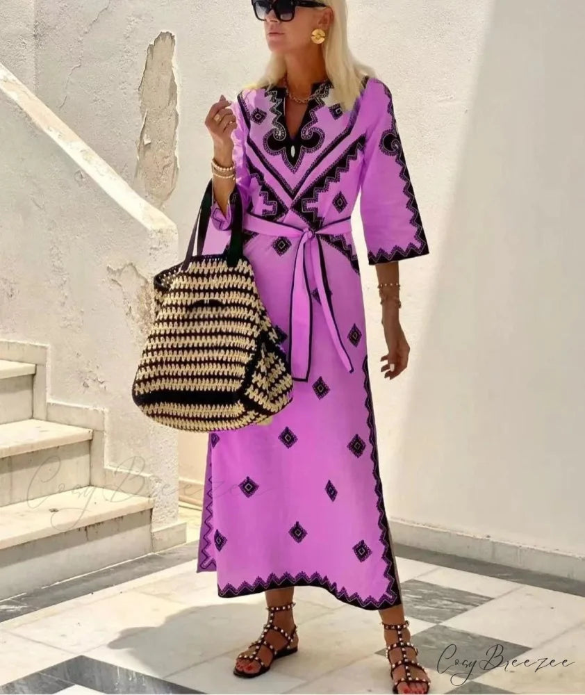 Autumn Fragrant Hemp A-line Boho Dress Rose Red / S bohodress-250126