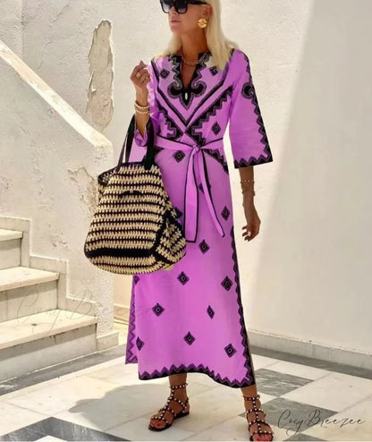Autumn Fragrant Hemp A-line Boho Dress Rose Red / S bohodress-250126