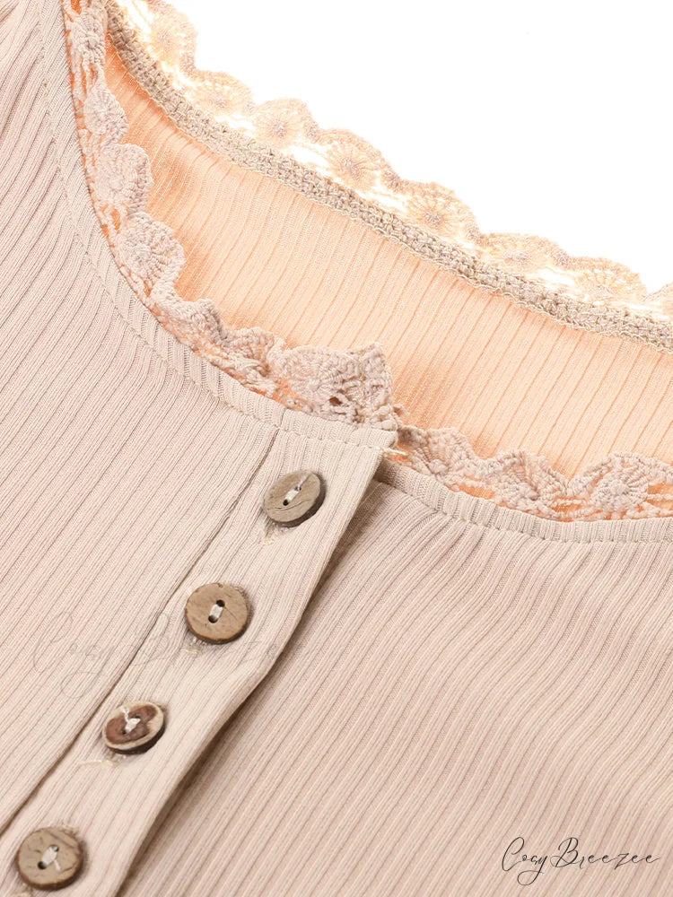 Autumn Lace Women Sexy Splicing Slim Long Spring Patchwork T-Shirt Arm Button Tee Streetwear