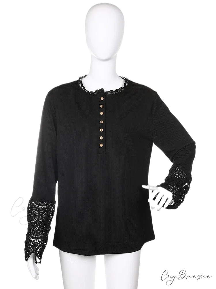 Autumn Lace Women Sexy Splicing Slim Long Spring Patchwork T-Shirt Arm Button Tee Streetwear Black / S