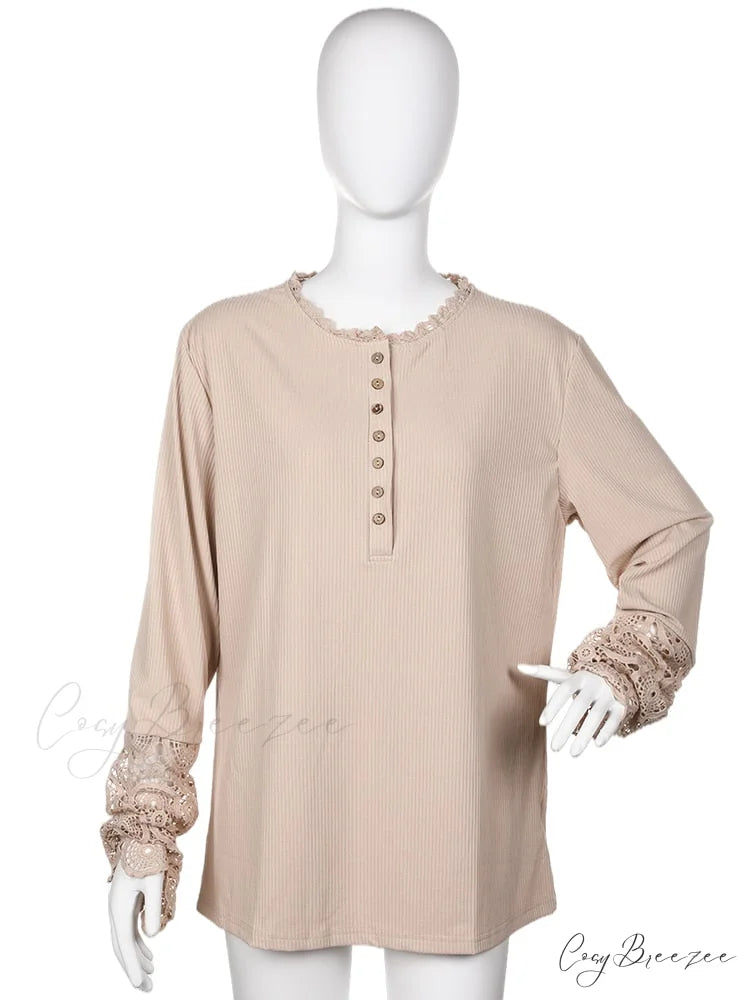 Autumn Lace Women Sexy Splicing Slim Long Spring Patchwork T-Shirt Arm Button Tee Streetwear Khaki / S