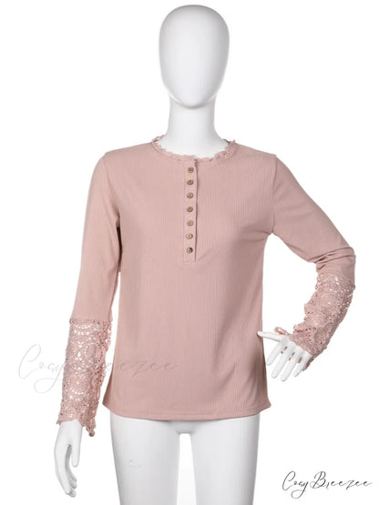 Autumn Lace Women Sexy Splicing Slim Long Spring Patchwork T-Shirt Arm Button Tee Streetwear Pink / S