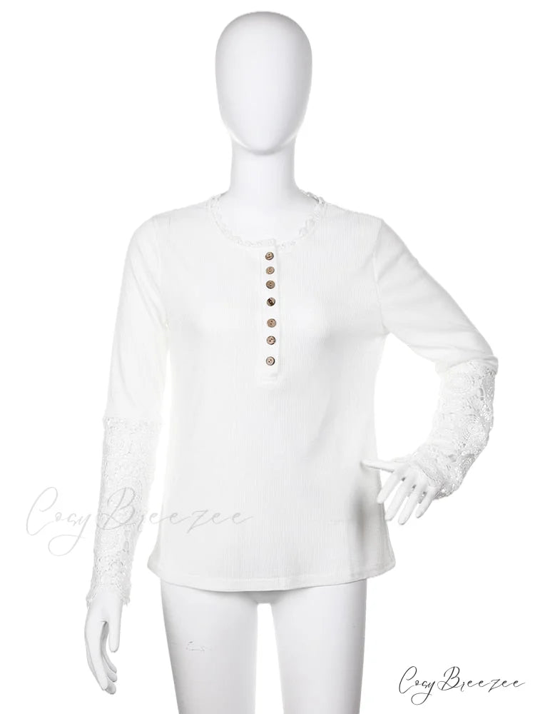 Autumn Lace Women Sexy Splicing Slim Long Spring Patchwork T-Shirt Arm Button Tee Streetwear White / M