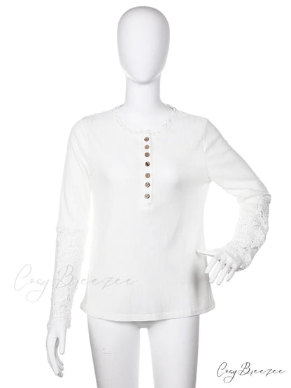 Autumn Lace Women Sexy Splicing Slim Long Spring Patchwork T-Shirt Arm Button Tee Streetwear White / M