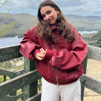 Autumn Leather Oversize Long Sleeve Turn-down Collar Fashion Casual Jacket Red / S