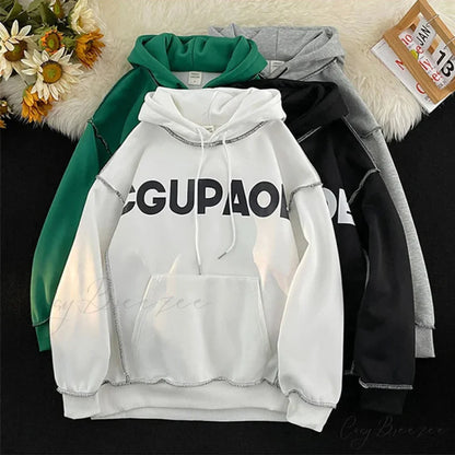 Autumn Letter Print Loose Fleece Hoodie hoodies-241228