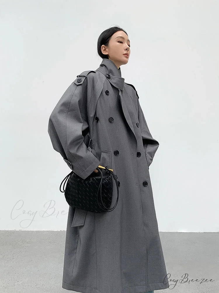 Autumn Long Grey Black Double Breasted Loose Casual Korean Fashion 2024 Stylish Coat