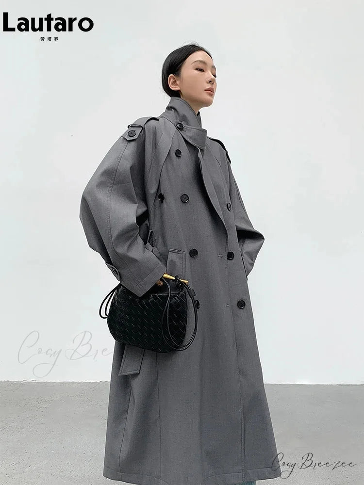 Autumn Long Grey Black Double Breasted Loose Casual Korean Fashion 2024 Stylish Coat GRAY / S