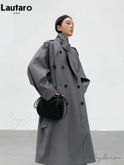 Autumn Long Grey Black Double Breasted Loose Casual Korean Fashion 2024 Stylish Coat GRAY / S