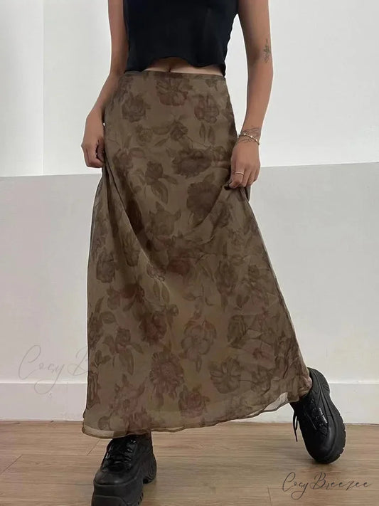 Autumn Long Skirt Vintage Floral Print Low Rise Skirt Brown / S skirt-250126