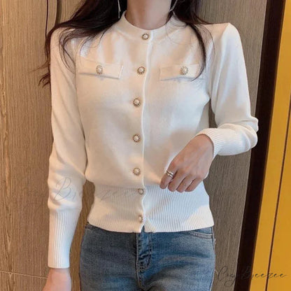 Autumn Long Sleeve Fashion Knitted Casual Single Breasted Cardigan WHITE / One Size