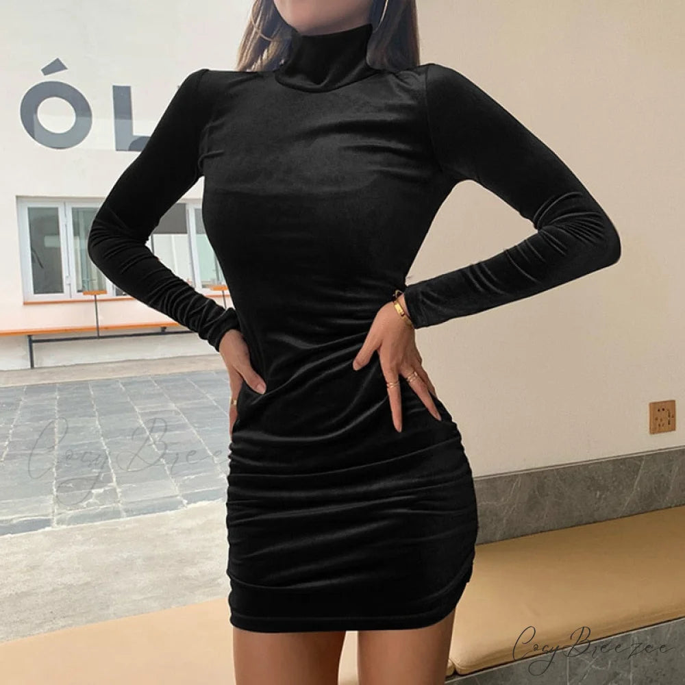 Autumn Long Sleeve Trendy Turtleneck Bodycon Mini Dress style 1 black / S