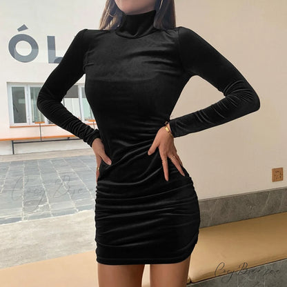 Autumn Long Sleeve Trendy Turtleneck Bodycon Mini Dress style 1 black / S