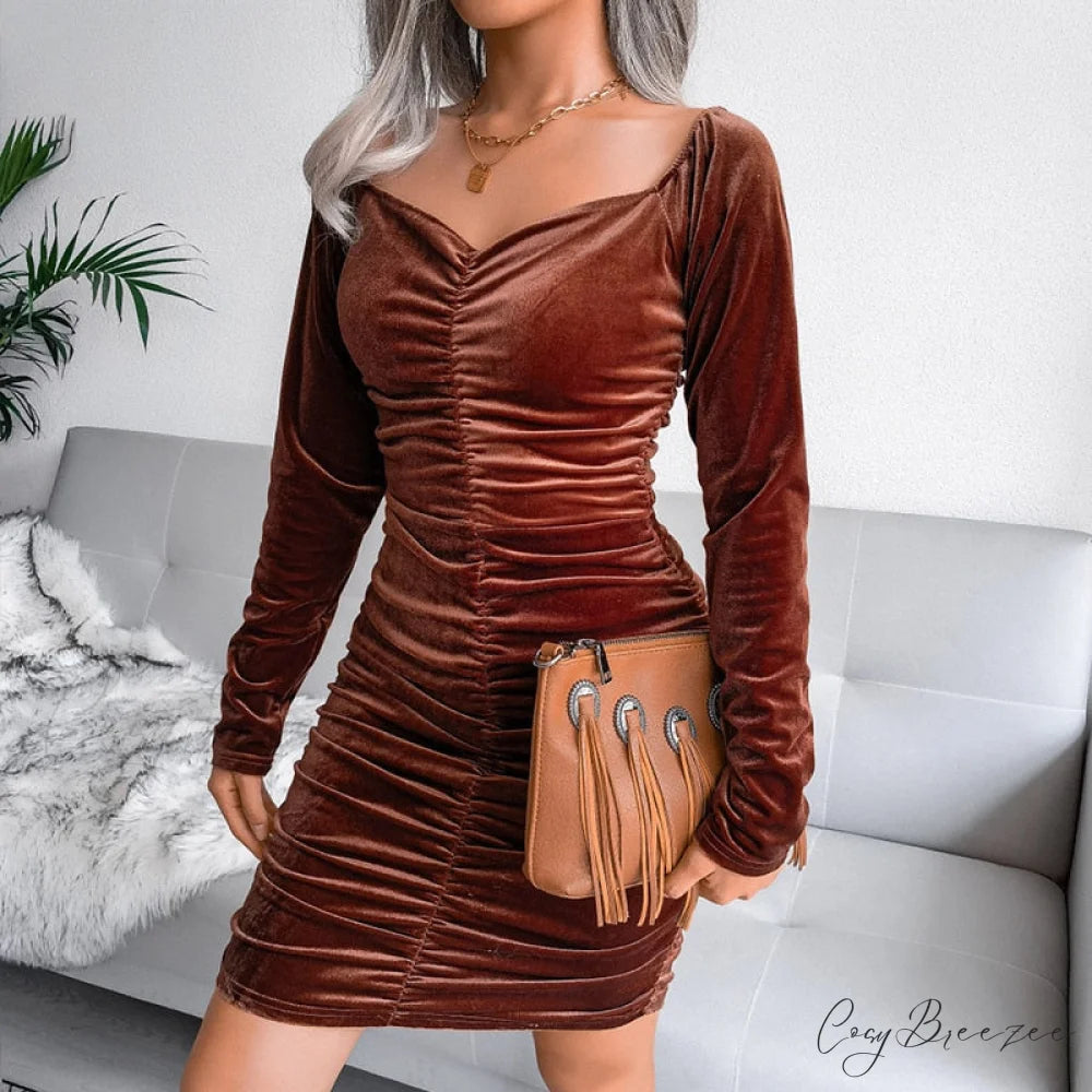 Autumn Long Sleeve Trendy Turtleneck Bodycon Mini Dress style 2 brown / S