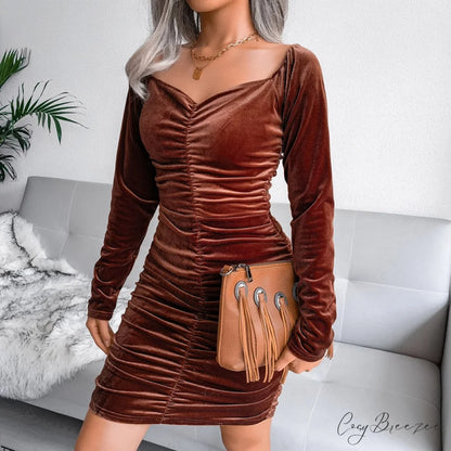 Autumn Long Sleeve Trendy Turtleneck Bodycon Mini Dress style 2 brown / S