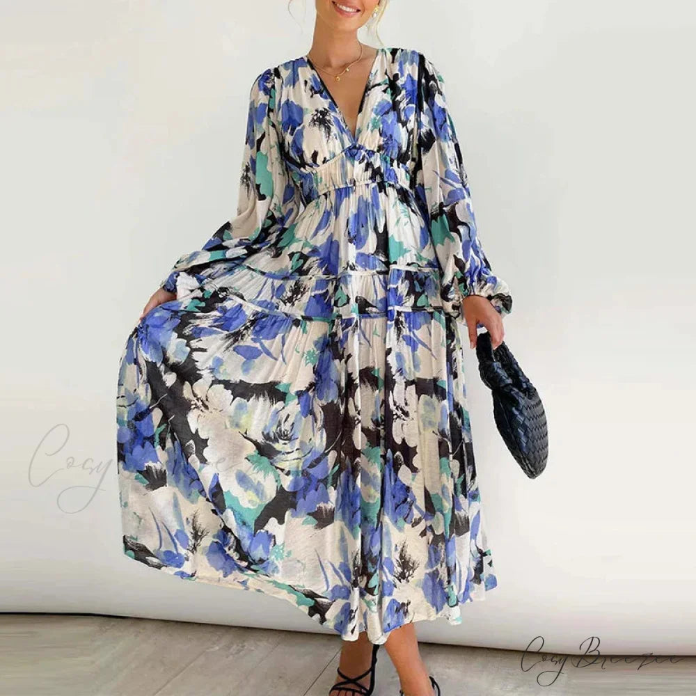 Autumn Long Sleeved Pleated Maxi Dress Boho Dress BLUE / S