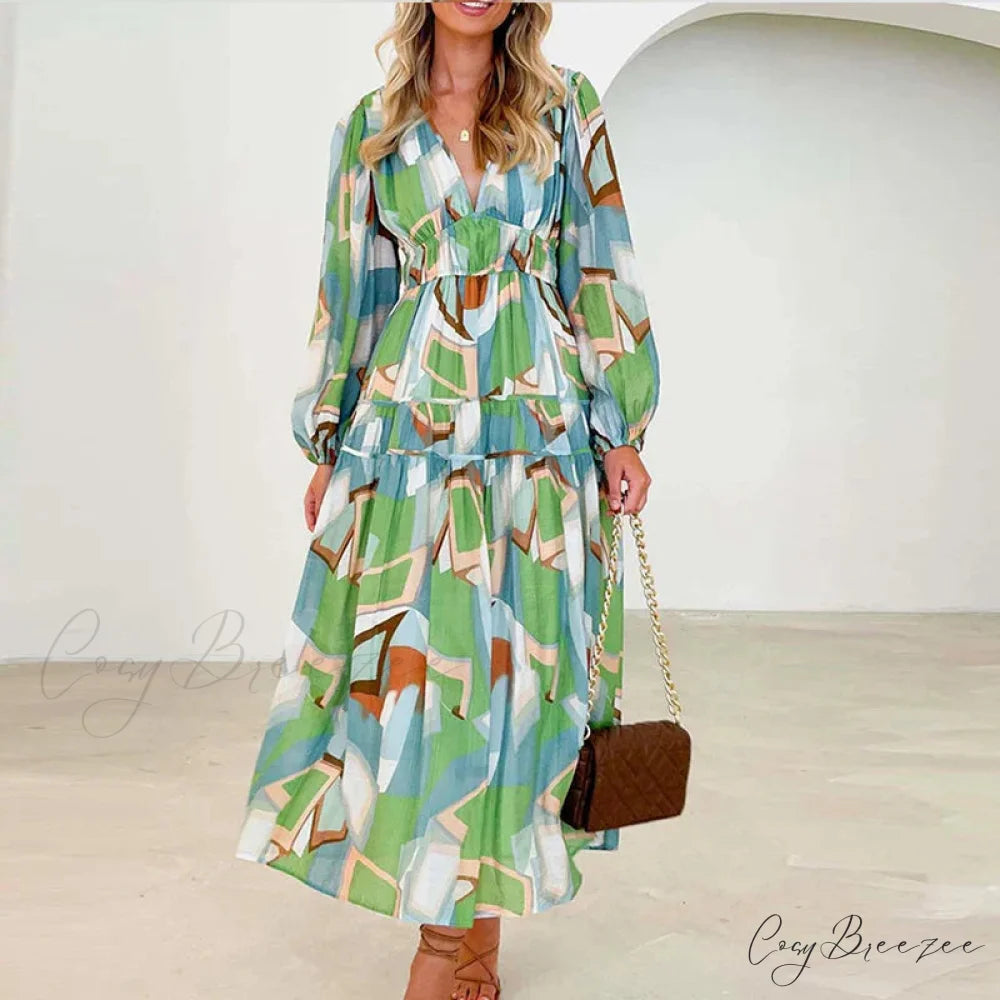 Autumn Long Sleeved Pleated Maxi Dress Boho Dress GREEN / S