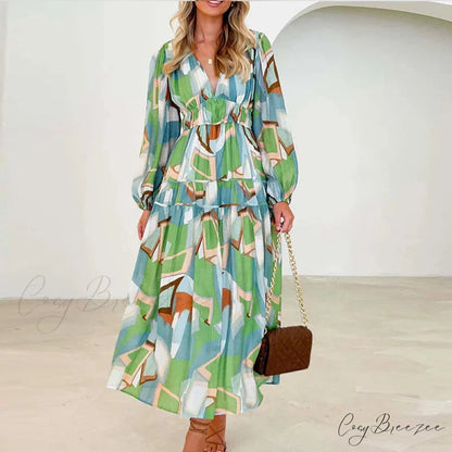 Autumn Long Sleeved Pleated Maxi Dress Boho Dress GREEN / S