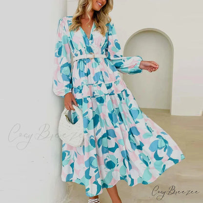 Autumn Long Sleeved Pleated Maxi Dress Boho Dress Lake Blue / S