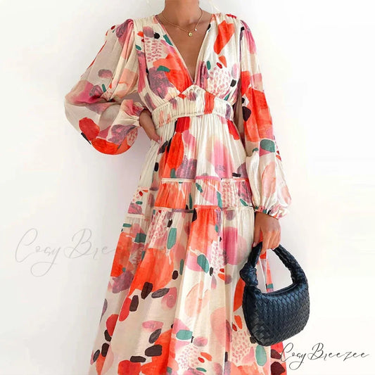 Autumn Long Sleeved Pleated Maxi Dress Boho Dress Orange Red / S