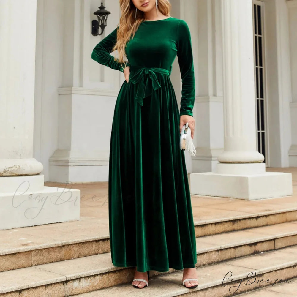 Autumn New Green Velvet Long Dress Elegant Vintage O-neck Lace-up Christmas Party Dress
