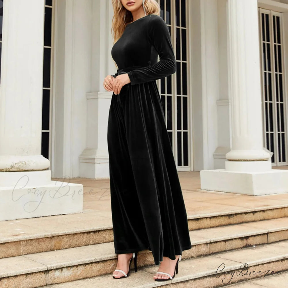 Autumn New Green Velvet Long Dress Elegant Vintage O-neck Lace-up Christmas Party Dress Black / S