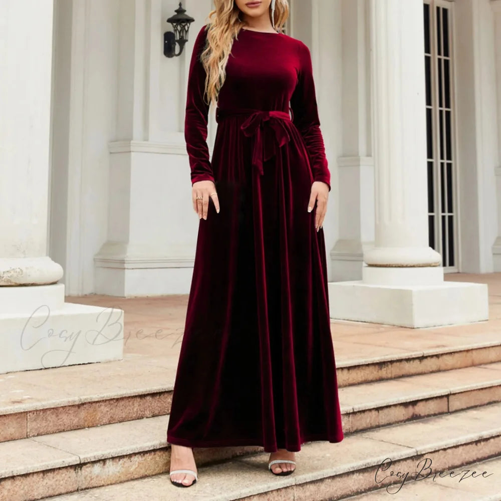 Autumn New Green Velvet Long Dress Elegant Vintage O-neck Lace-up Christmas Party Dress Red / S