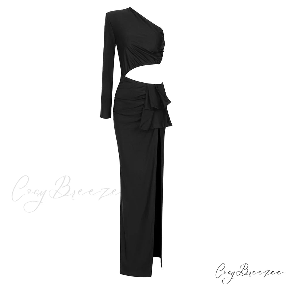 Autumn One-Shoulder Neckline Party Long Slit Design High Evening Black Ruched Gown Diagonal Winter Women Gown New Black