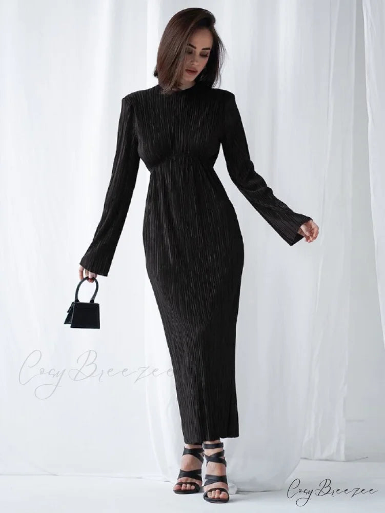 Autumn Party Dress for Women - Slim Fit with Pleated Detail and Long Sleeves S / BLACK