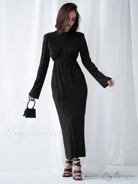Autumn Party Dress for Women - Slim Fit with Pleated Detail and Long Sleeves S / BLACK