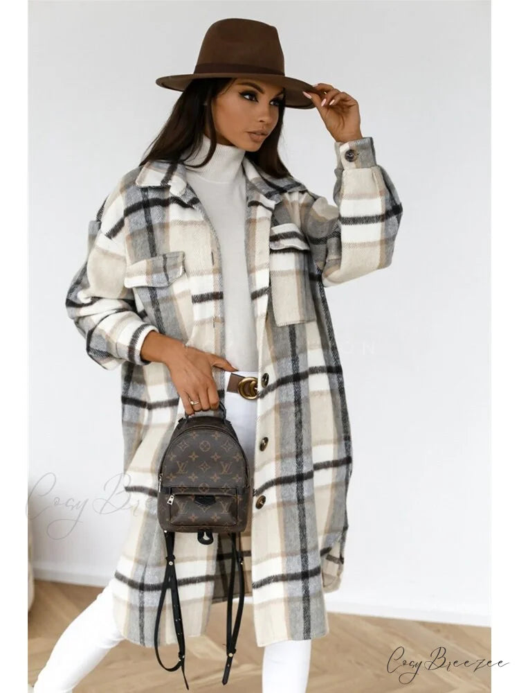 Autumn Plaid for Jacket Warm Fashion Patterned Winter - Women Overcoat 1-Gray White / S