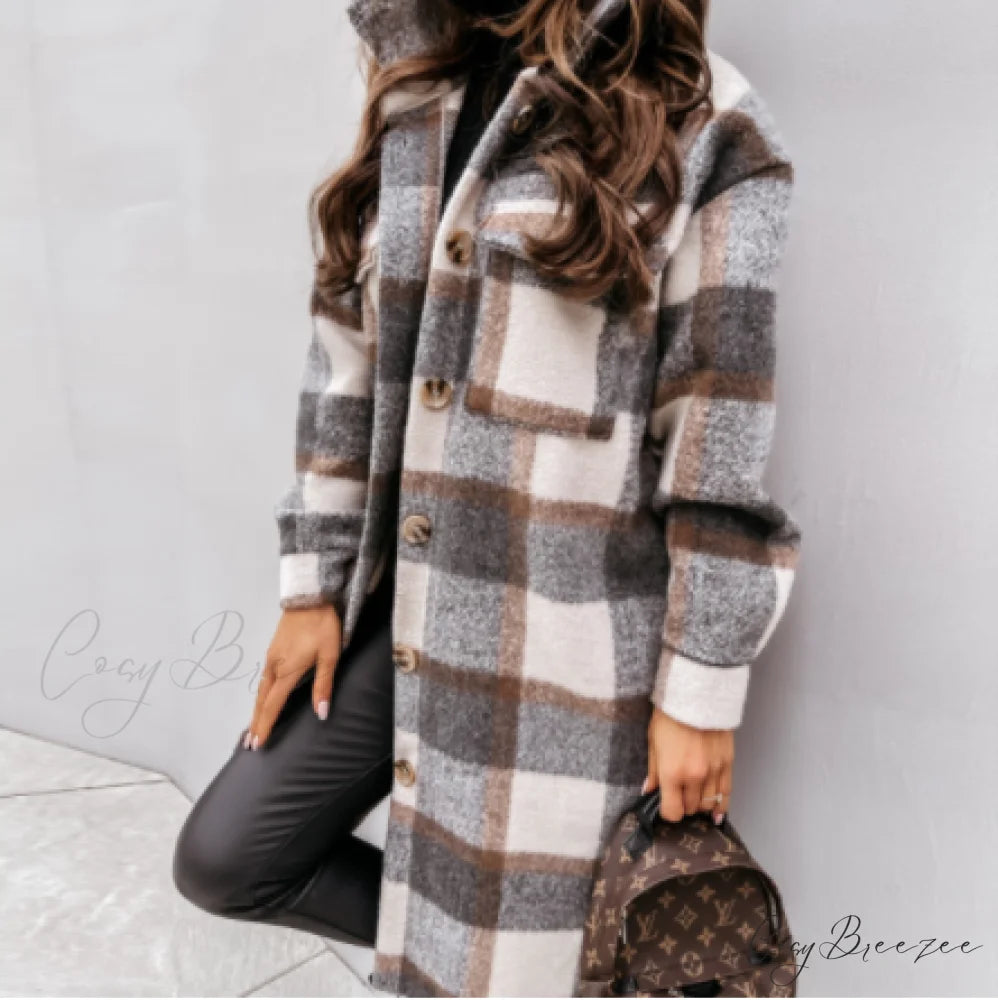 Autumn Plaid for Jacket Warm Fashion Patterned Winter - Women Overcoat 4-Beige Gray / S