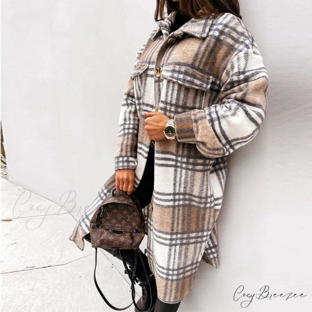 Autumn Plaid for Jacket Warm Fashion Patterned Winter - Women Overcoat 5-White Khaki / S