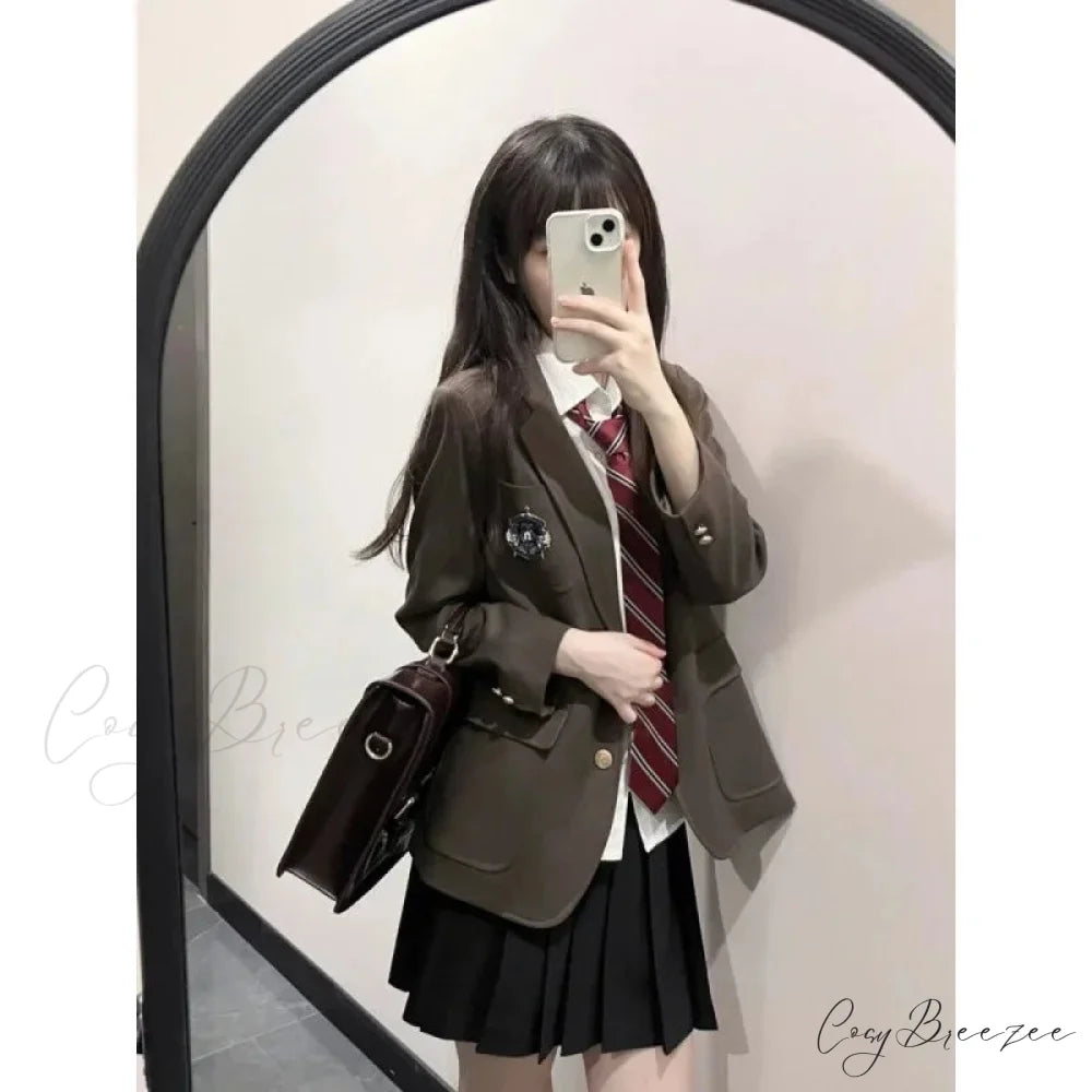 Autumn Preppy Style Foldable Skirt Jacket Shirt Suit BLACK / S