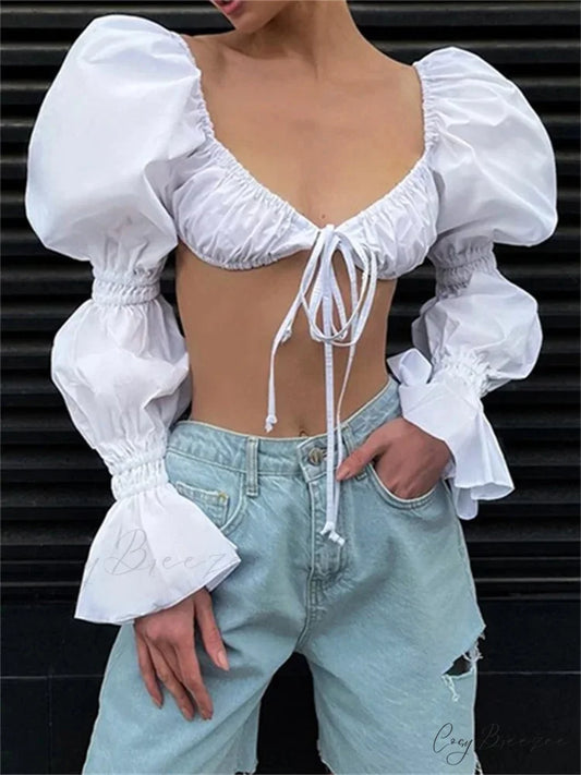 Autumn Puff Long Sleeve Square Neck Tie-up Crop Top WHITE / S blouse-250126