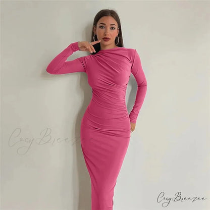 Autumn Ruched Long Slinky Sexy Birthday Robes Midi Dress rose red / S