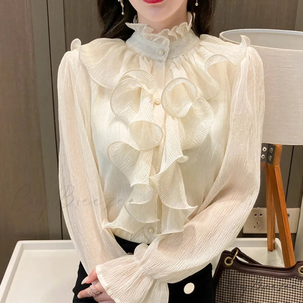 Autumn Ruffled Lace Chiffon Stand Collar Crop Top APRICOT / S blouse-250126