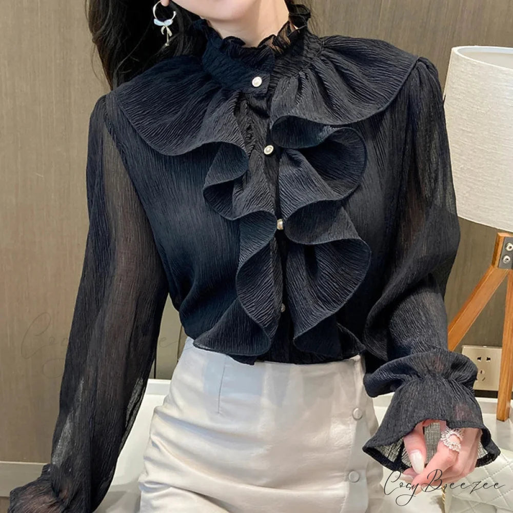 Autumn Ruffled Lace Chiffon Stand Collar Crop Top Black / S blouse-250126