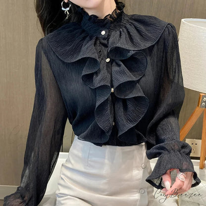 Autumn Ruffled Lace Chiffon Stand Collar Crop Top Black / S blouse-250126