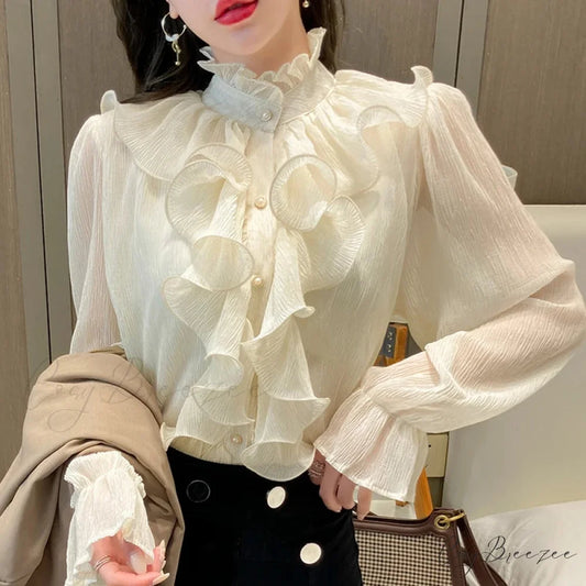Autumn Ruffled Lace Chiffon Stand Collar Crop Top blouse-250126