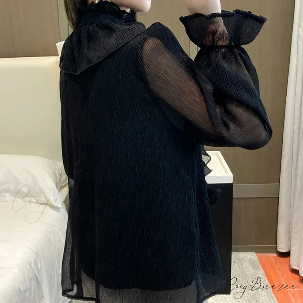 Autumn Ruffled Lace Chiffon Stand Collar Crop Top blouse-250126